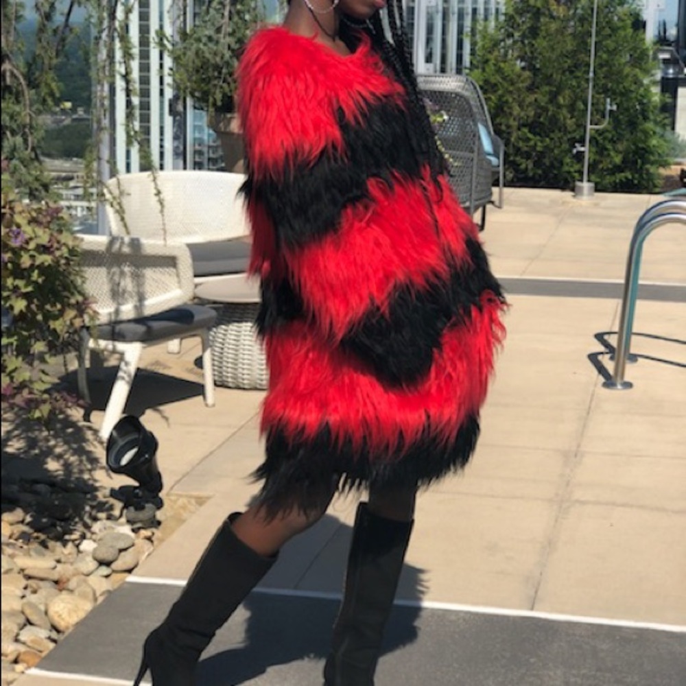 Riches Rivé Cruella Red and Black Fur Coat